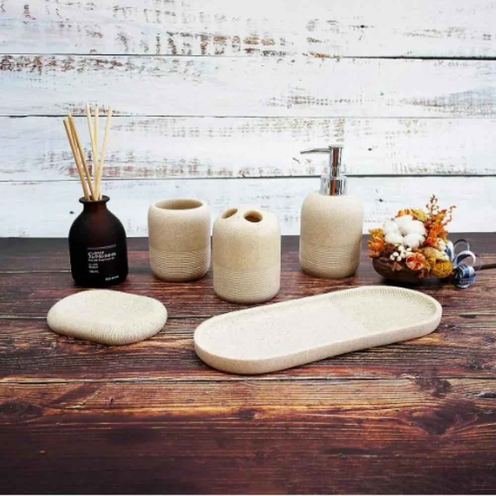 5 pc - Bathroom Accessory Set - Bathroom Decor  (Natural/Stone)